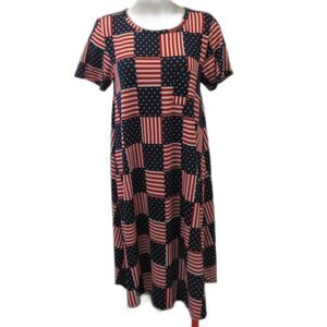 LULAROE Carly Flag Dress Size S Americana Stars Stripes Patriotic USA White Blue